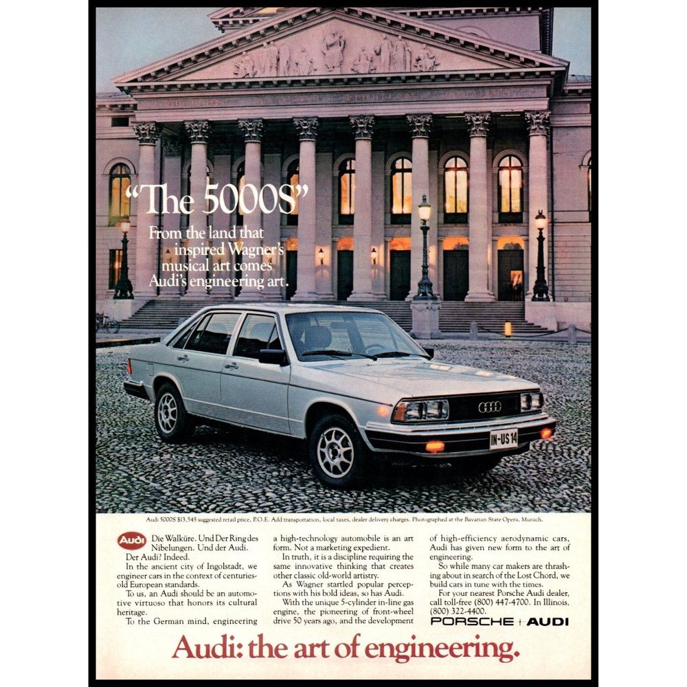 1981 Audi 5000S Sport Luxury Sedan Vintage Print Ad Bavarian Opera House Art
